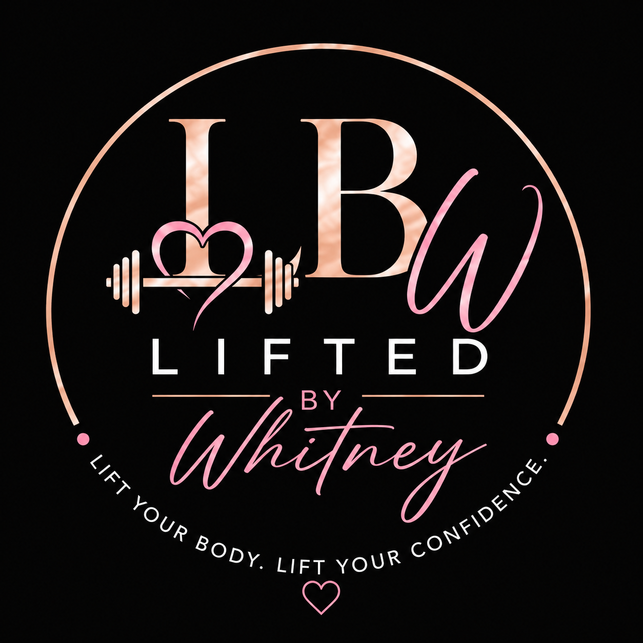 Lifted by Whitney circular logo: LBW with a heart and barbell, in rose gold and pink